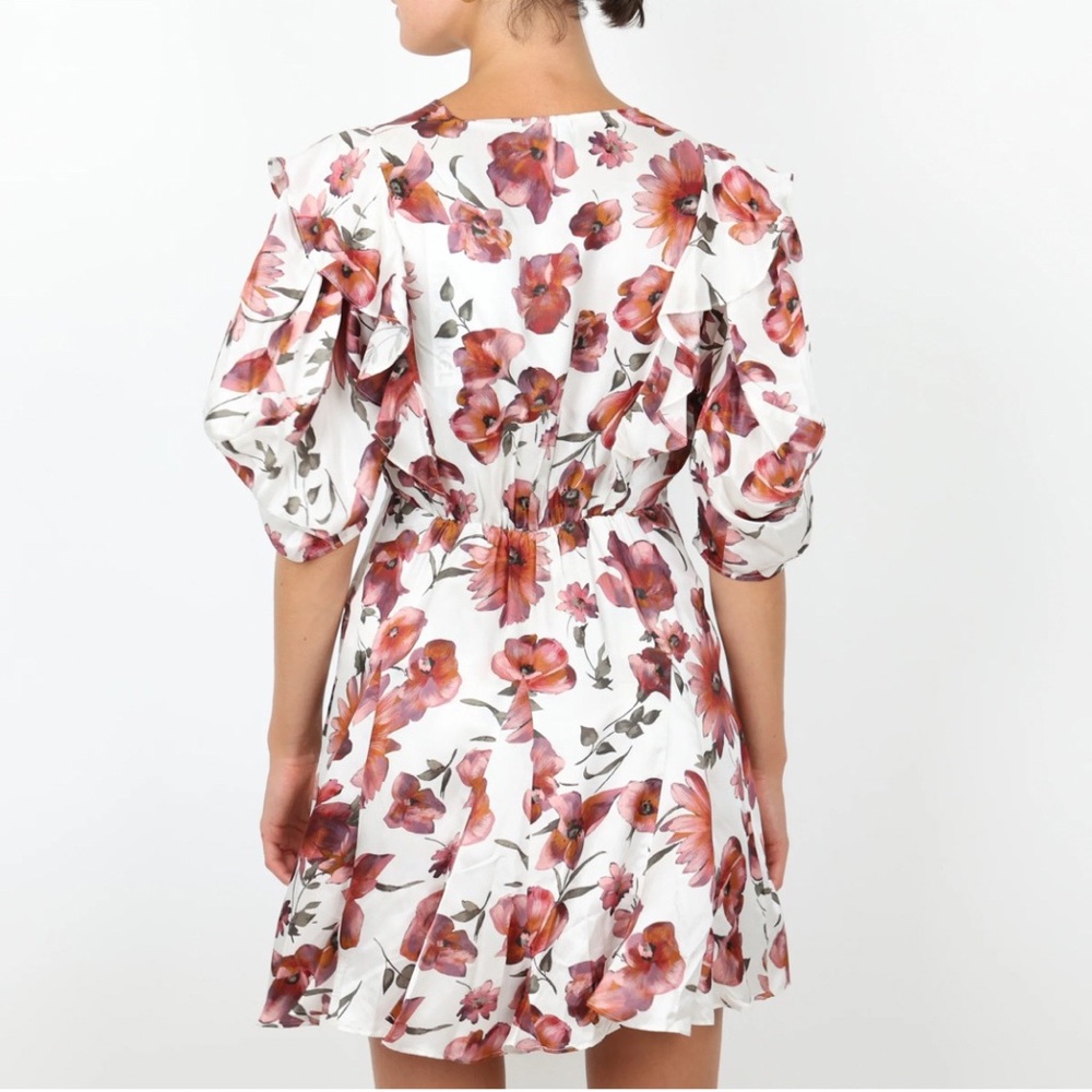 The Kooples Dress Silk Floral Print Wrap Mini Pink White Puff Sleeves Boho NWT - Picture 9 of 14